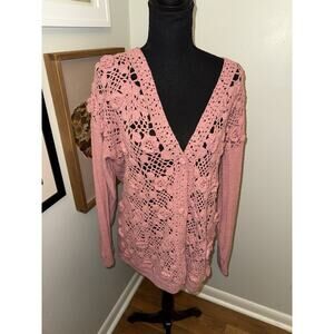 VTG CHU Silk Blend Cardigan Large Pink 3D Floral Crochet Rose Cottagecore Knit